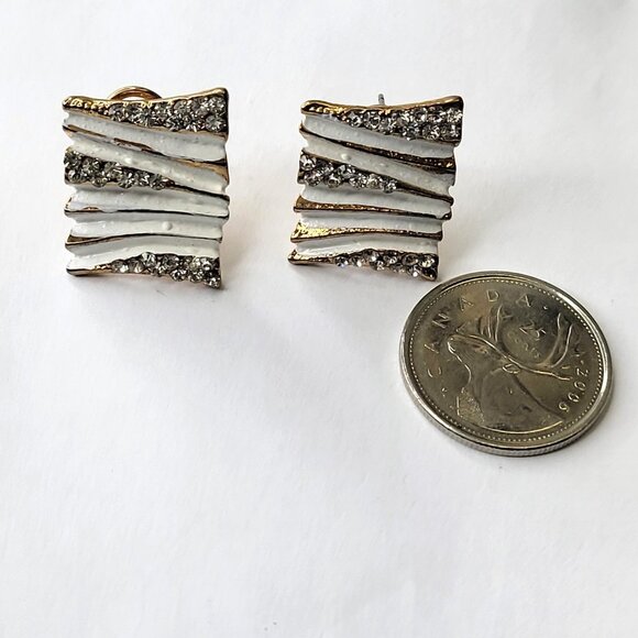 White and Gold Square Stud Earrings - Picture 7 of 11